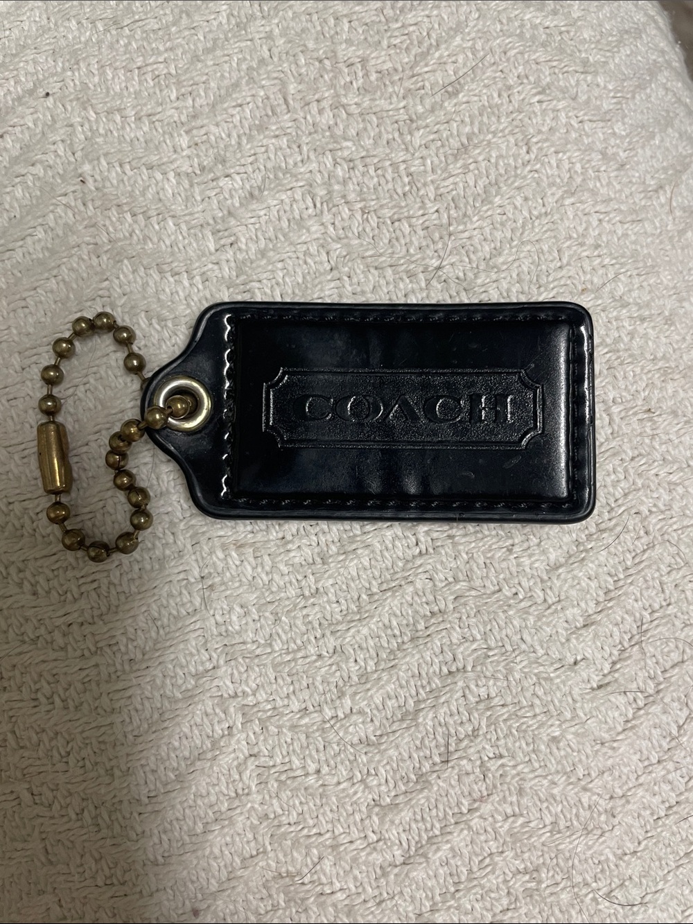 Coach Black Leather Key Tag with Brass Ball Chain